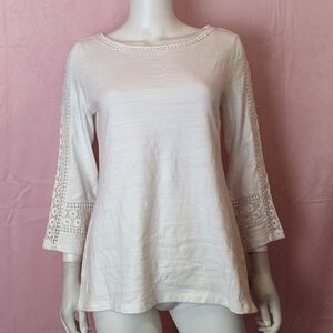 Charter Club White Lace Design 3/4 Sleeve Cotton Top size Small